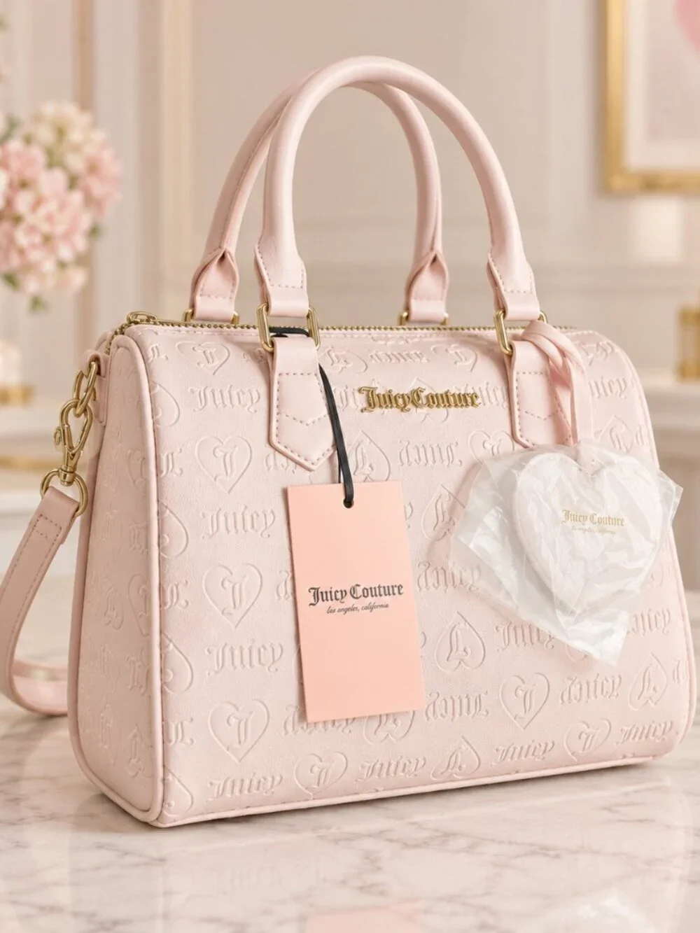 Juicy Couture Fame Pink Heart Embossed Satchel Crossbody Bag Charm NWT